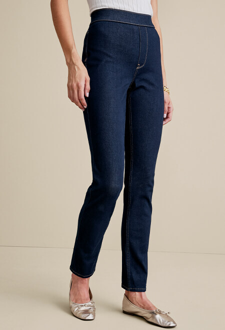 Slim pant image of the dark blue Ultimate Denim Pull On Slim Leg Jeans