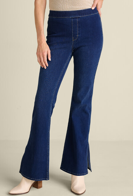 Flare pant image of the dark blue Ultimate Denim Slit Hem Flare Jeans