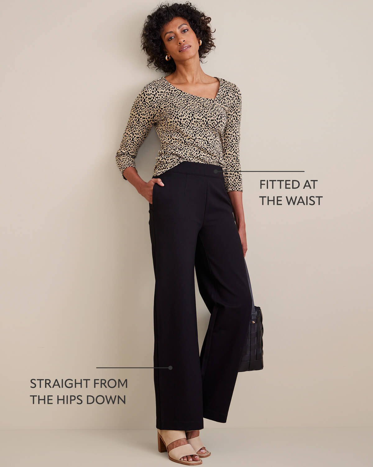 Wide pant image featuring the black Soft Essential Ponte Wide Leg Pants