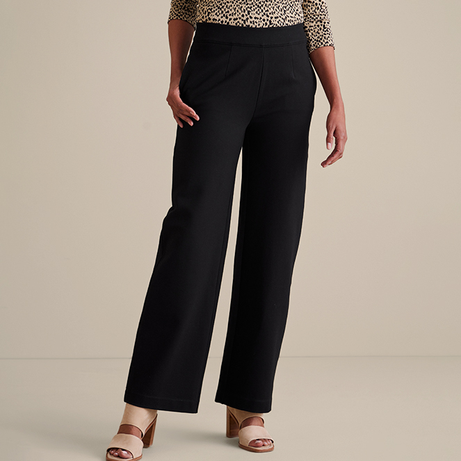 Wide pant image featuring the black Soft Essential Ponte Wide Leg Pants